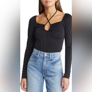Nwt Open Edit Size S‎ FRONT TIE KNIT KEYHOLE TOP IN BLACK